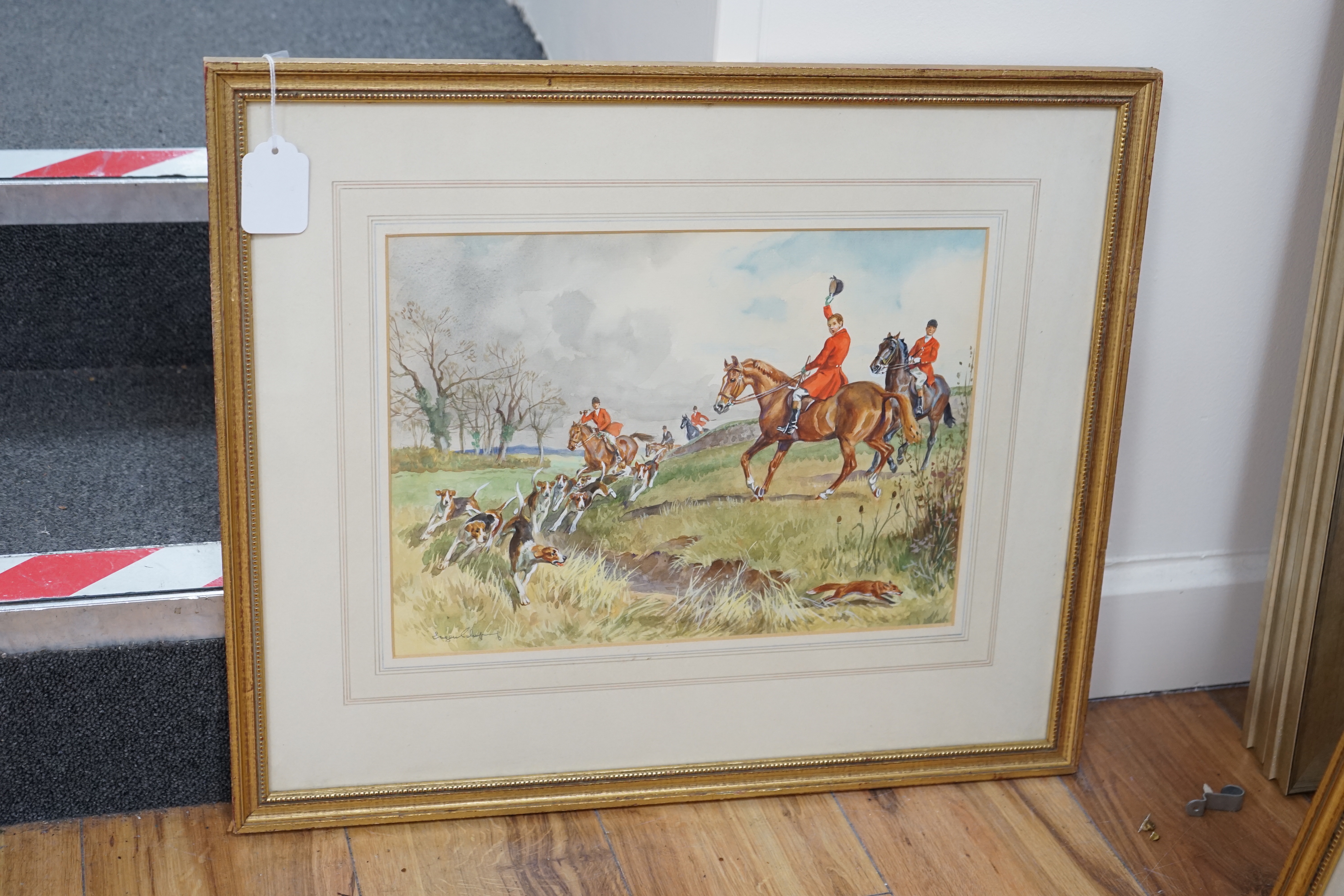 Set of four hunting interest watercolours, Huntsmen on horseback with hounds, each indistinctly signed, 26 x 36cm